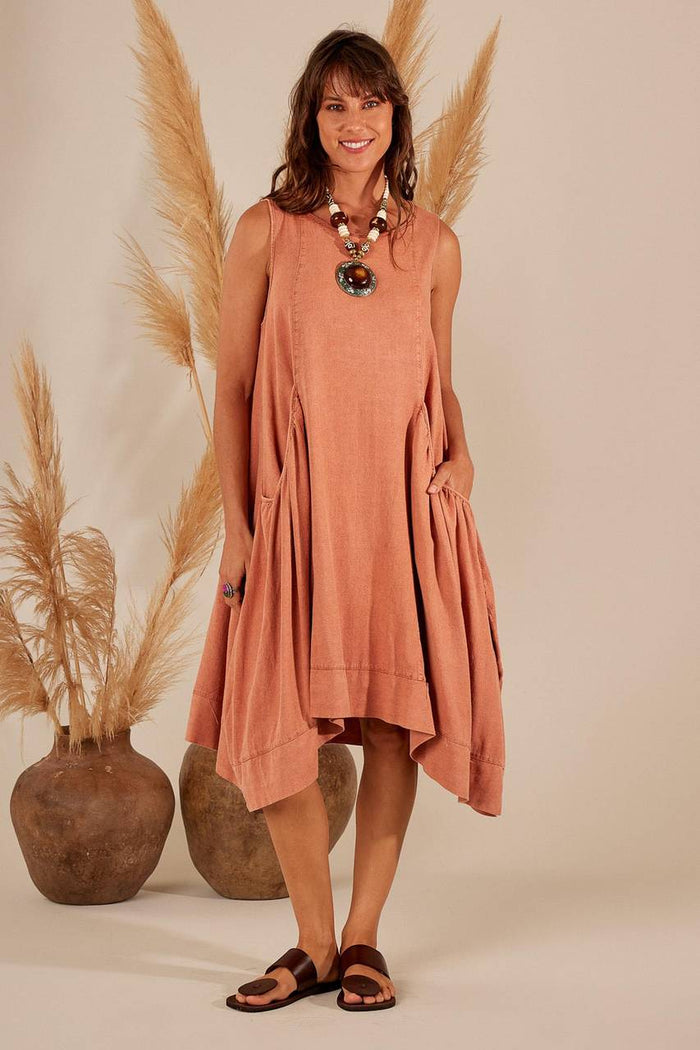 Yacamim Terracotta Sleeveless Linen Mini Dress