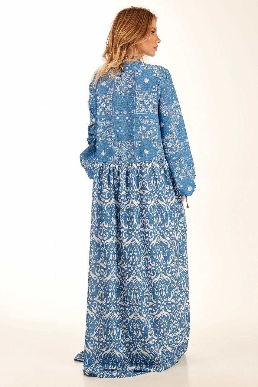 Blue Patchwork Yacamim Long Polyester Dress With Puffy Sleeves