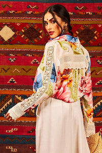 Yacamim Printed Beige Wide Shirt With Long Sleeves and Lace Details<br />