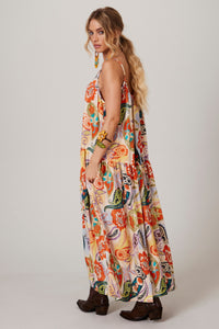 Yacamim E8 Beige Wide Linen Midi Dress with Cashmere Print