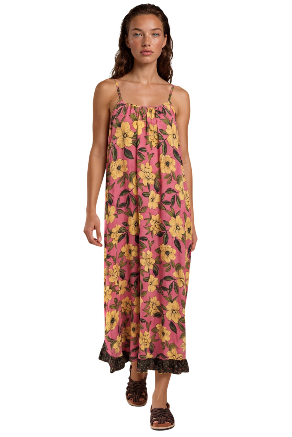 Vestido Midi Amplo Alças Reguláveis Goiaba Floral Patchwork Yacamim C16