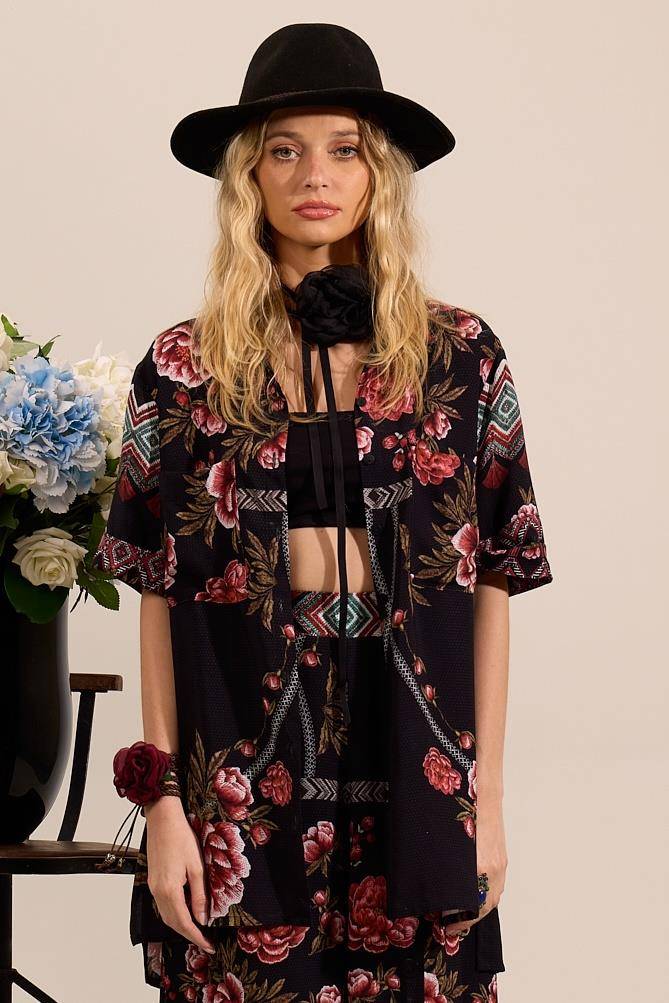 Yacamim A3 Black Printed Loose Short Sleeve Shirt
