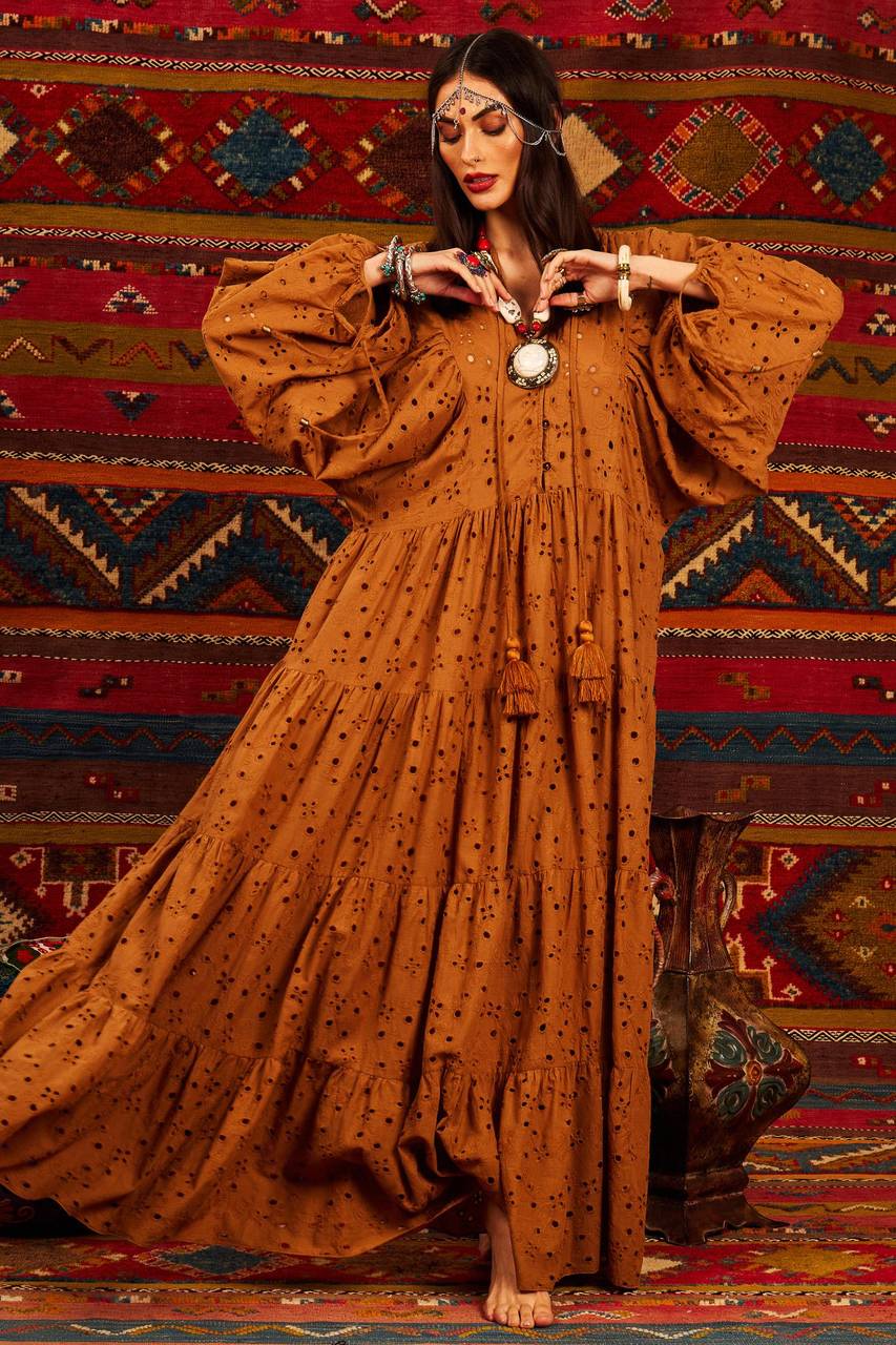 Yacamim Brown Broderie Long Dress with Puff Sleeves and V-Neck