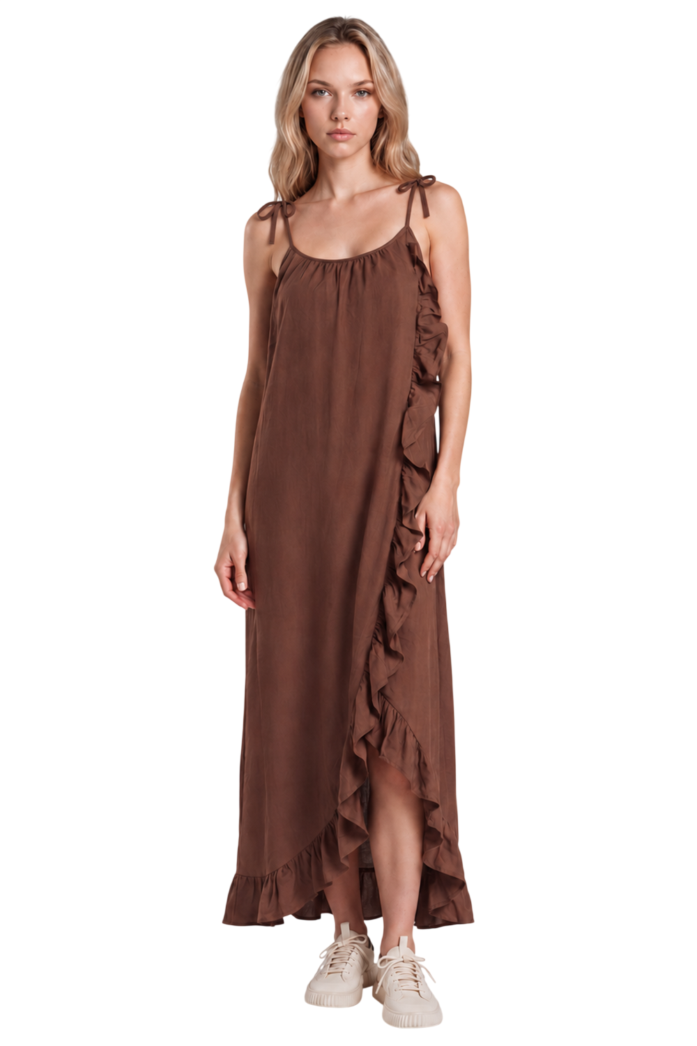 Vestido Mullet Com Babados Marrom Yacamim C20