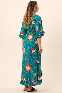 Vestido Chemise Longo Com Túnel Na Cintura Verde Estampado Yacamim C1