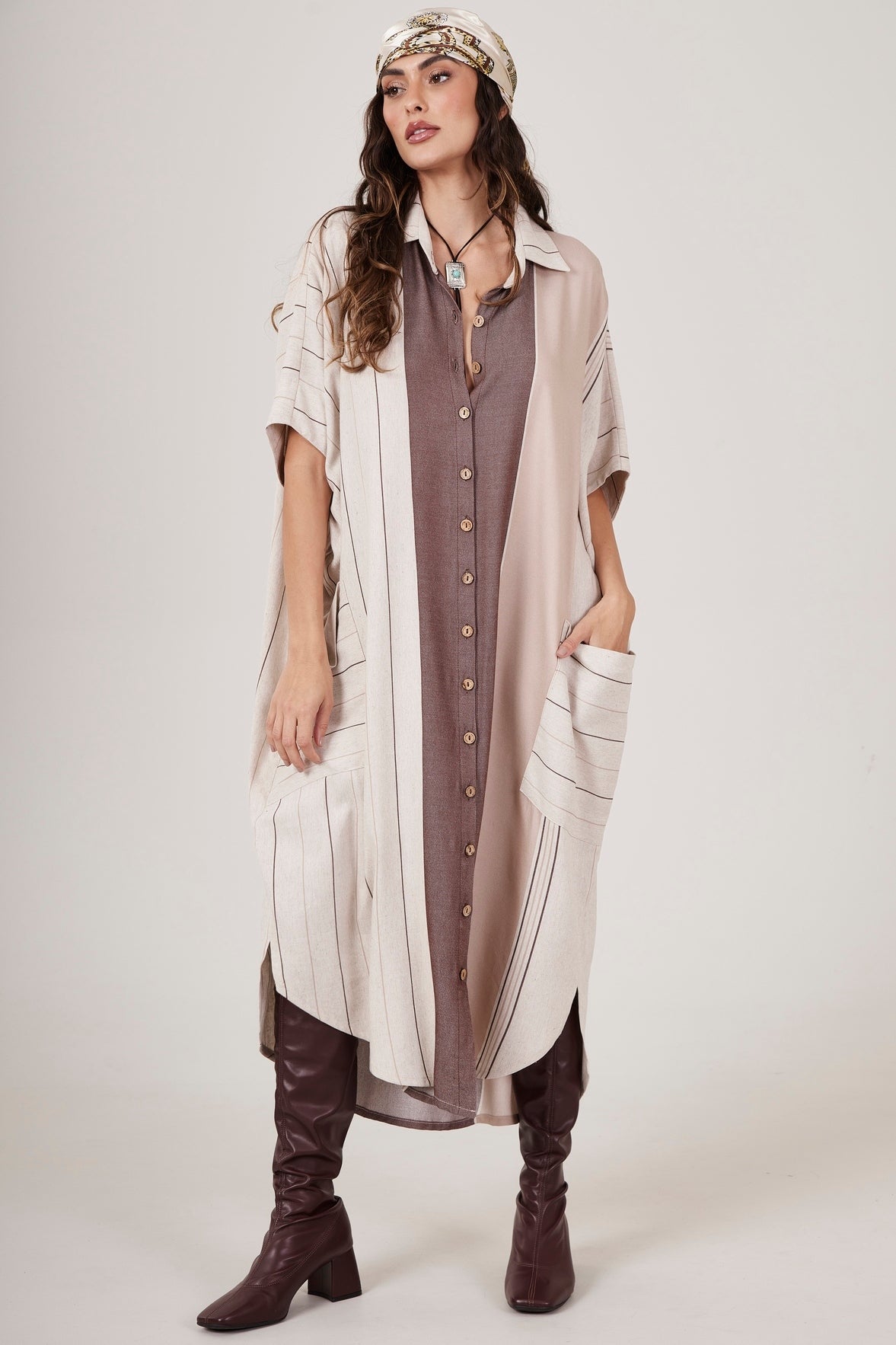 Yacamim Beige and Brown Striped Long Shirt L4