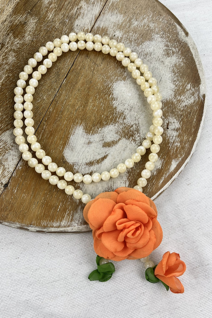 Yacamim Ave Maria Pearl Color Necklace with Orange Flower #168