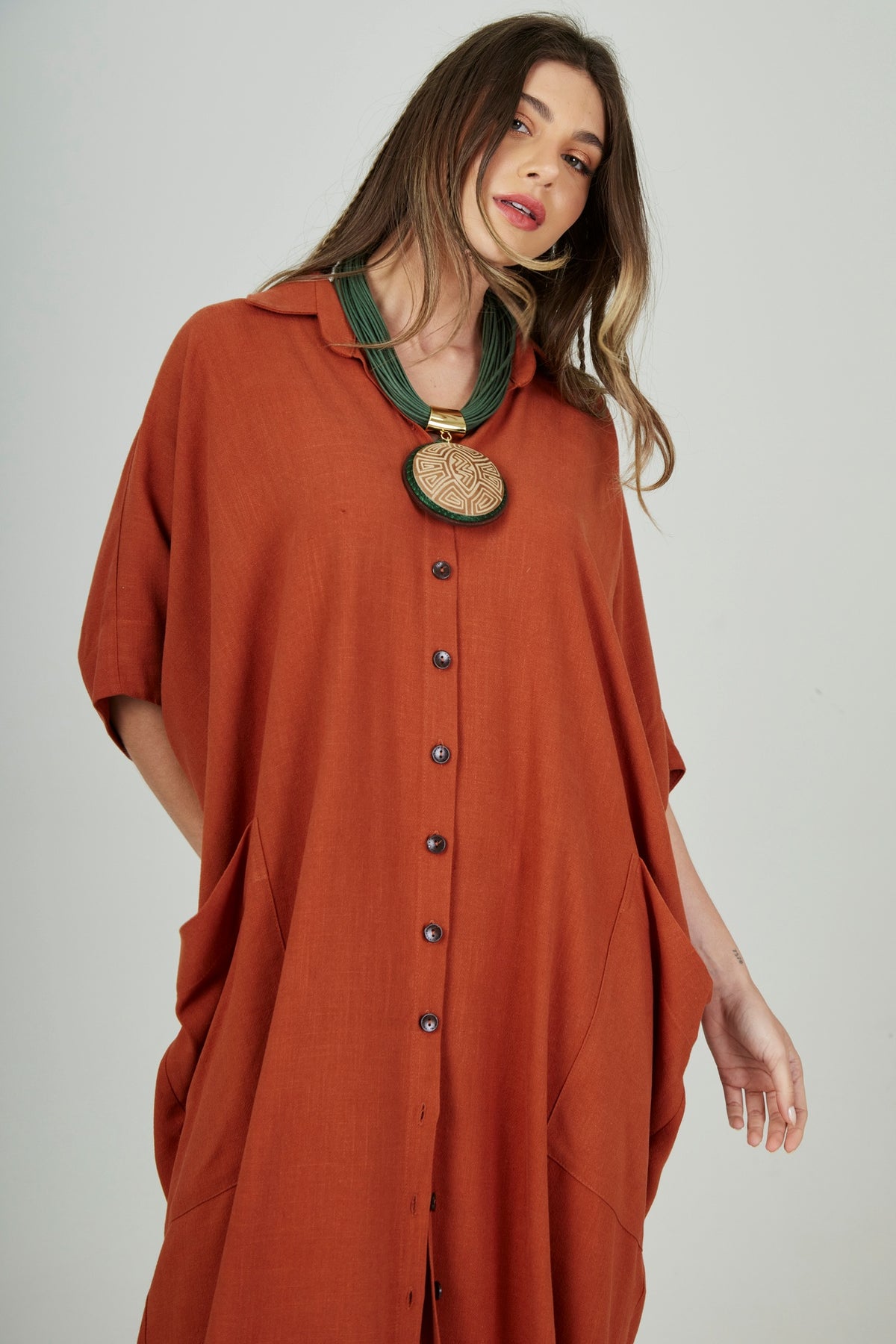 Yacamim Terracotta Viscose-Linen Midi Shirt L5