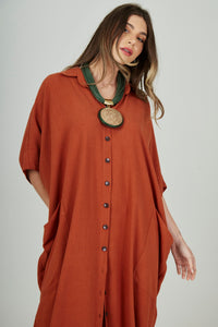 Yacamim Terracotta Viscose-Linen Midi Shirt L5