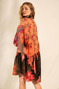 Yacamim Orange Patchwork Asymmetrical Ruffled Short Shirtdress