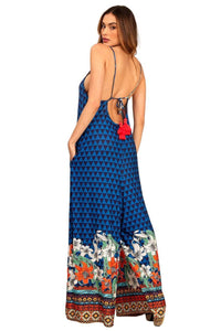 Yacamim O6 Blue and Black Geometric Print Jumpsuit with Pockets