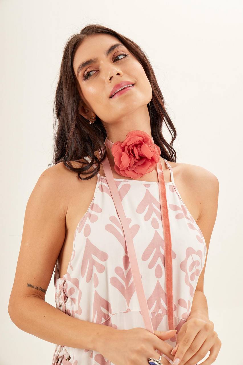Yacamim Off-White and Rose Printed Midi Dress with Side Adjustments