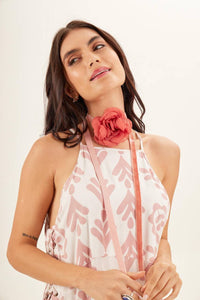 Yacamim Off-White and Rose Printed Midi Dress with Side Adjustments