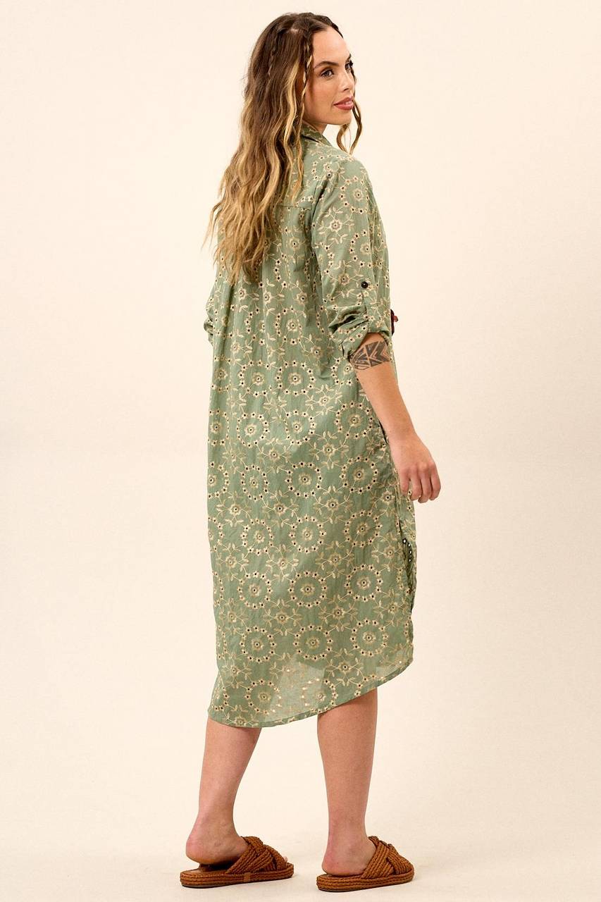 Yacamim Green Long Sleeve Embroidered Midi Shirtdress