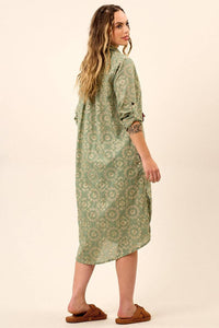 Yacamim Green Long Sleeve Embroidered Midi Shirtdress