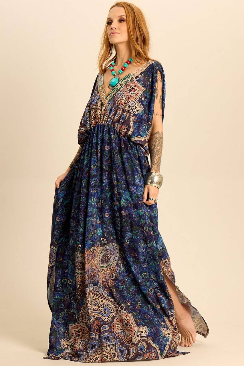 Long Paisley Print V-Neck Dress Yacamim