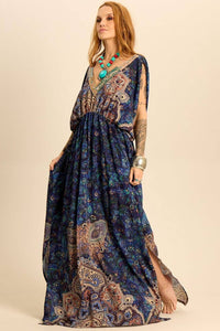 Long Paisley Print V-Neck Dress Yacamim