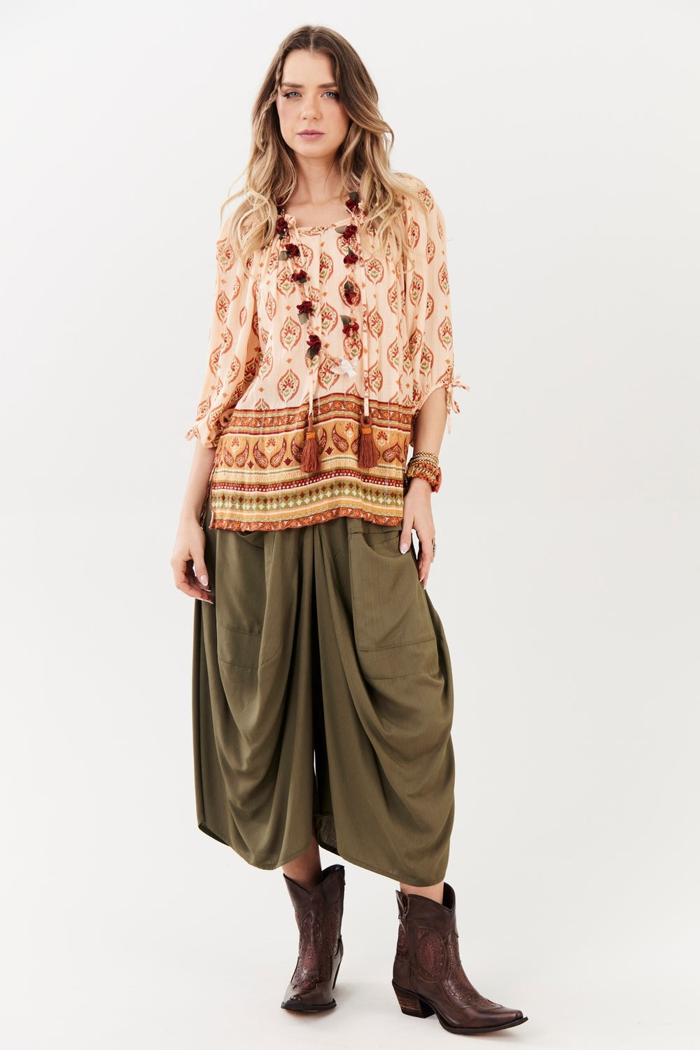 Yacamim B26 Printed Beige Lurex Gypsy Blouse