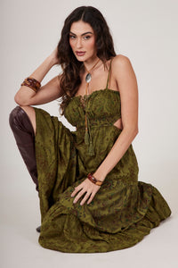 Yacamim C15 Moss Green Paisley Print Long Strappy Dress