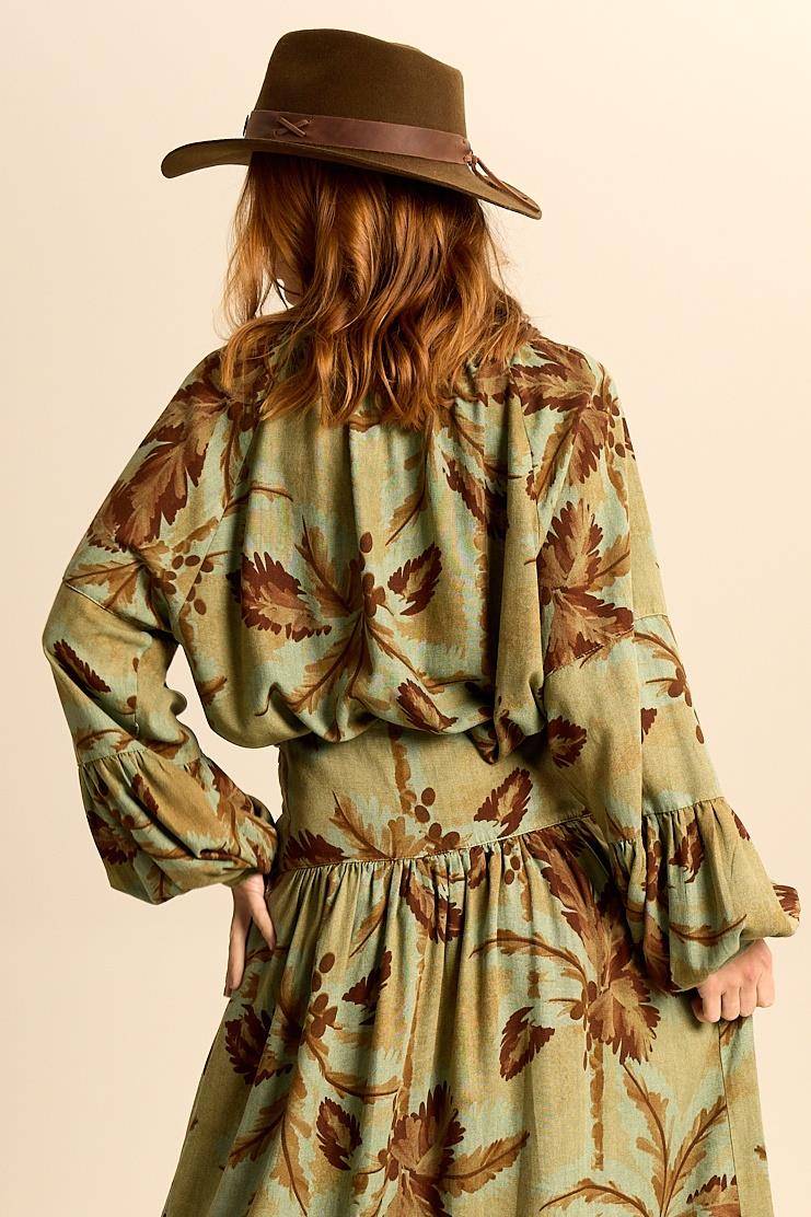 Yacamim A30 Printed Green Wide Linen Shirt with Puffy Sleeves