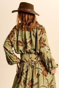 Yacamim A30 Printed Green Wide Linen Shirt with Puffy Sleeves