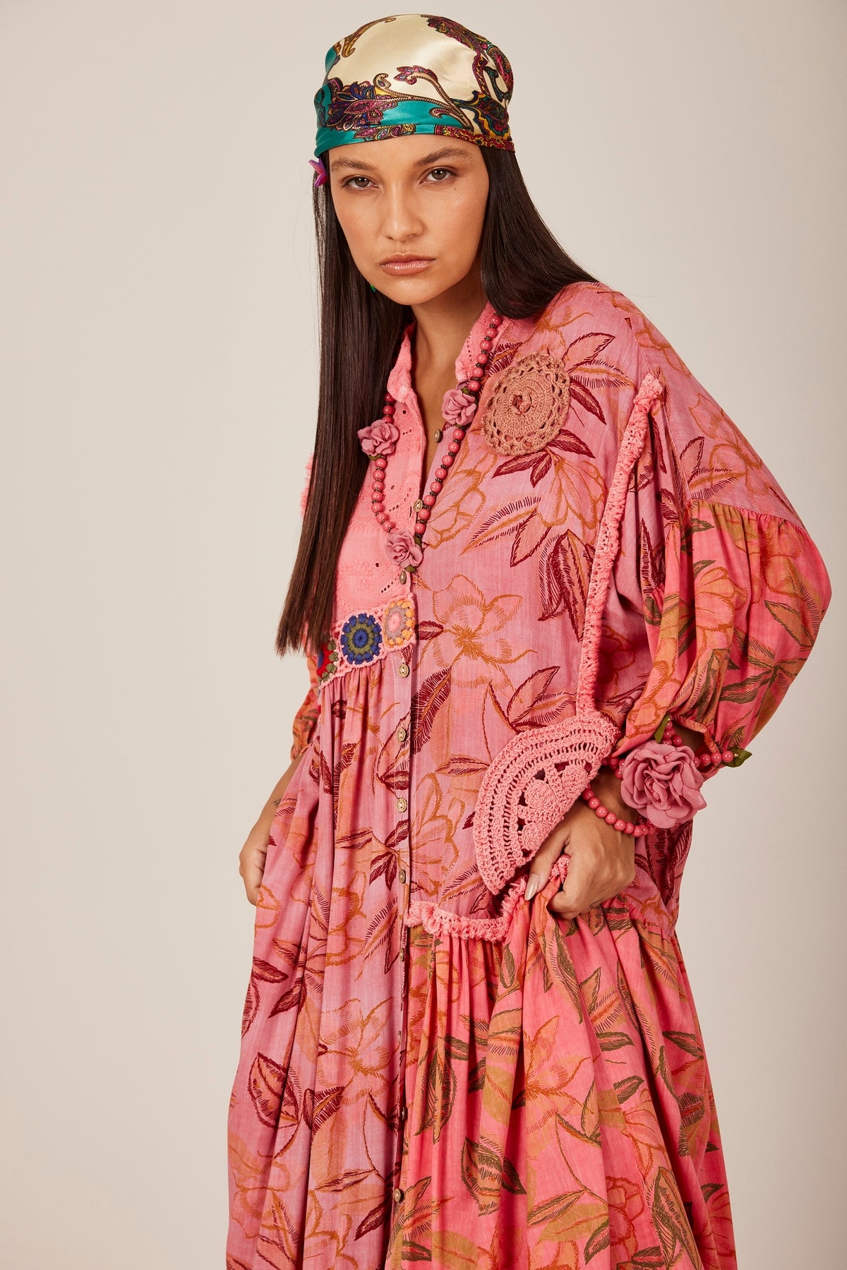 Women's Long Dress with Pink Patchwork Crochet Yacamim D14