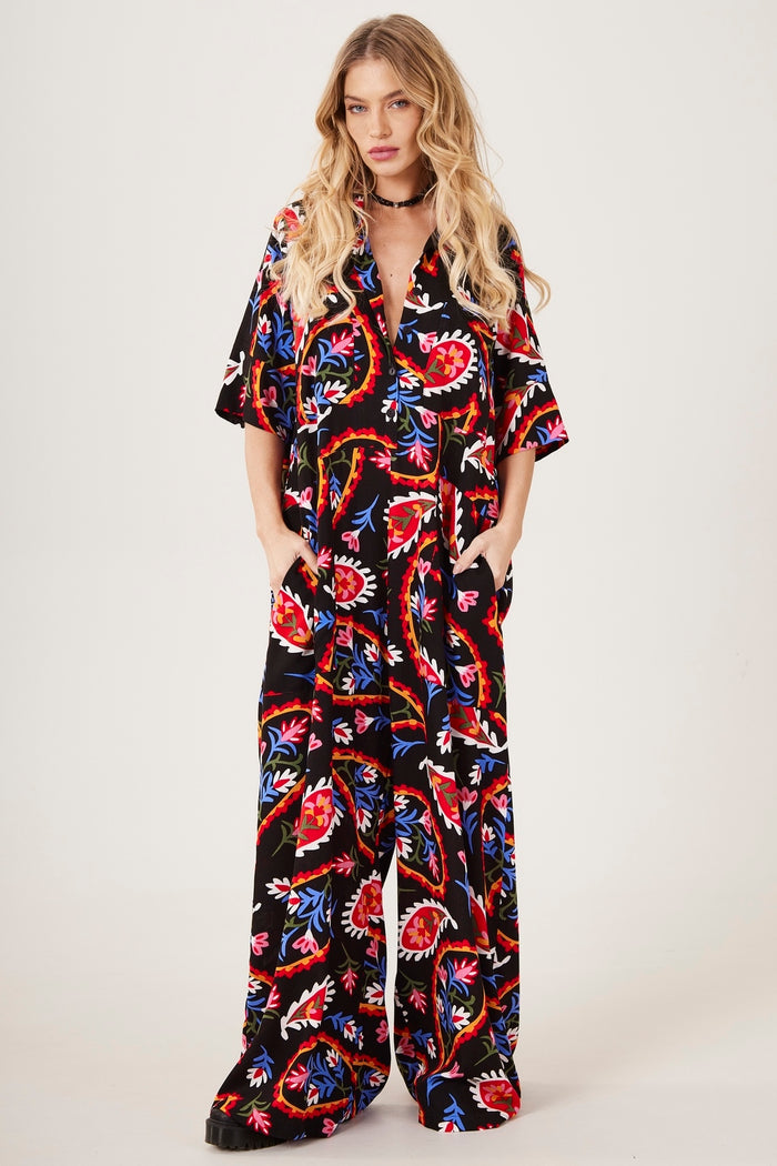 Yacamim O10 Black Paisley Sarouel Wide-Leg Jumpsuit
