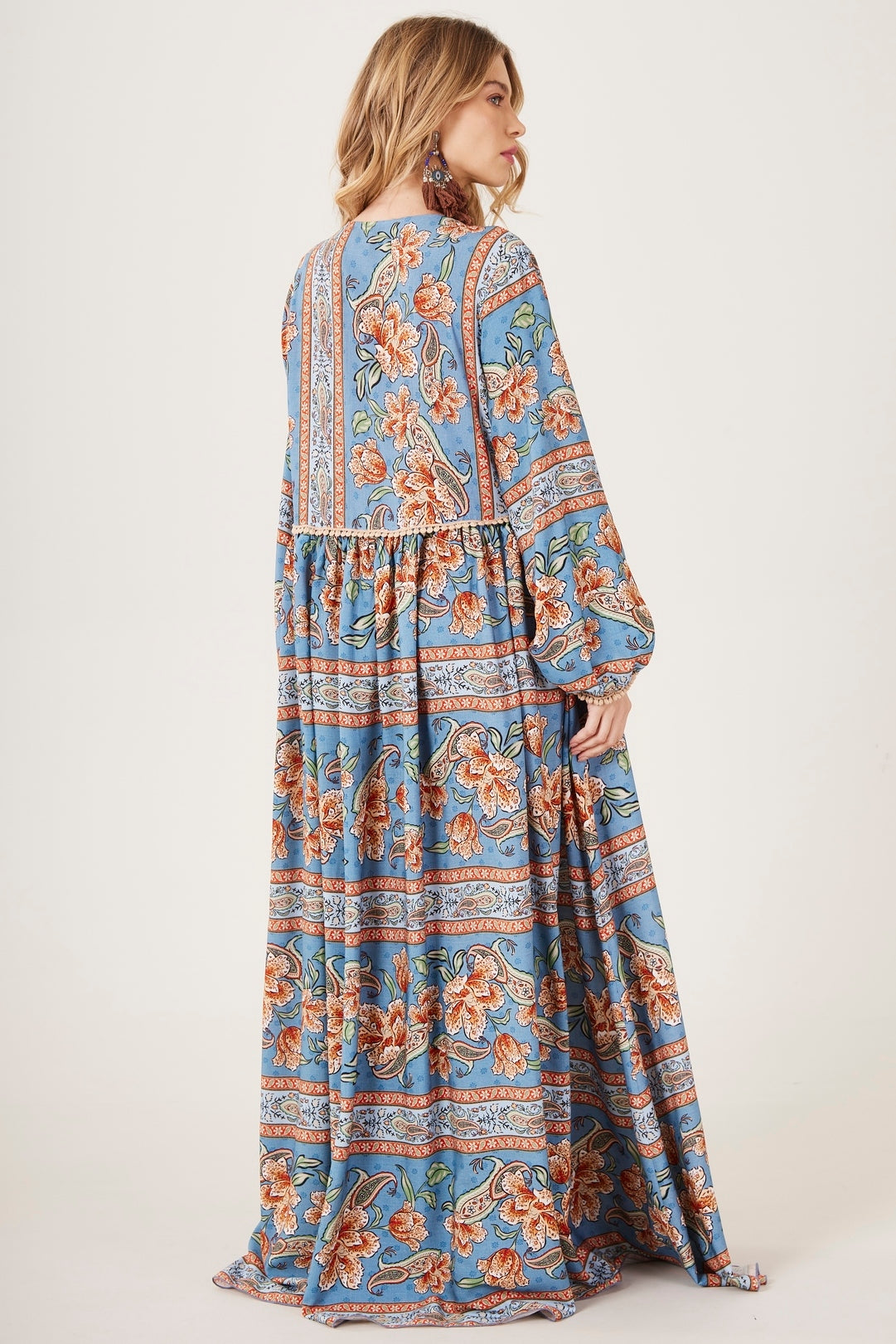 Yacamim E26 Blue Paisley Long Dress with Puff Sleeves