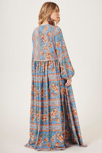 Yacamim E26 Blue Paisley Long Dress with Puff Sleeves