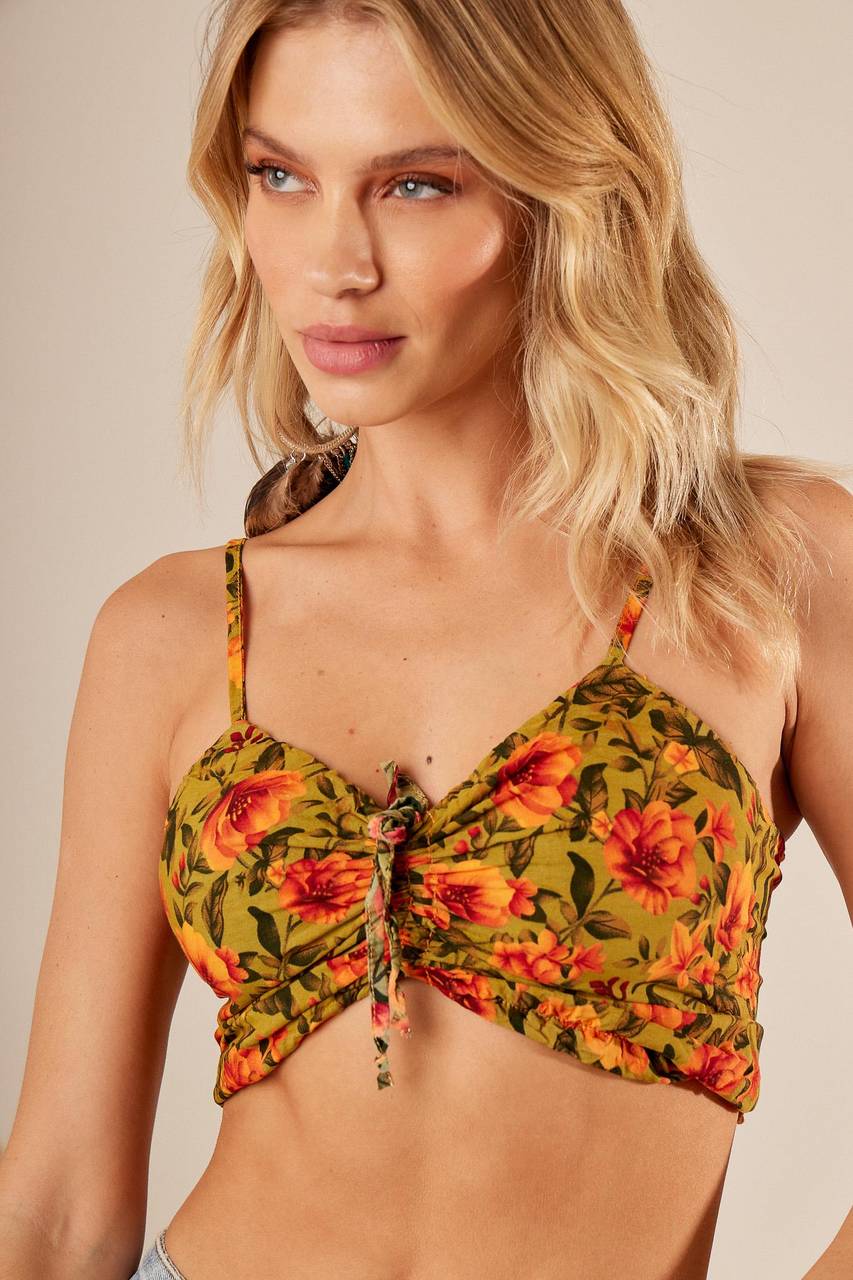 Yacamim F5 Stamped Yellow Shirred Back Cropped Top