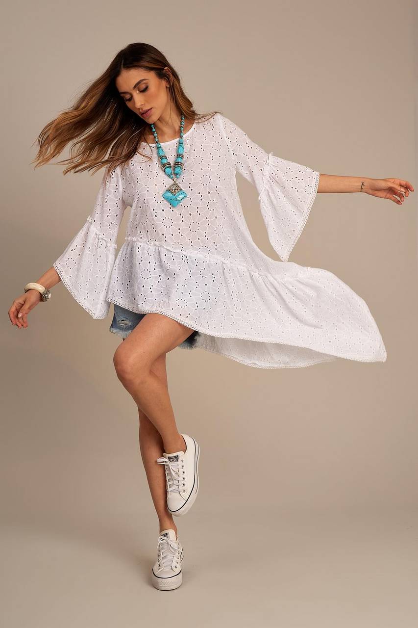 Yacamim White Broderie Anglaise Tunic with Transversal Cut-out
