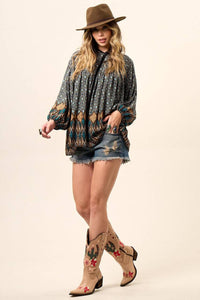 Yacamim Women's Black Printed Batwing Blouse with Puffed Long Sleeves B12