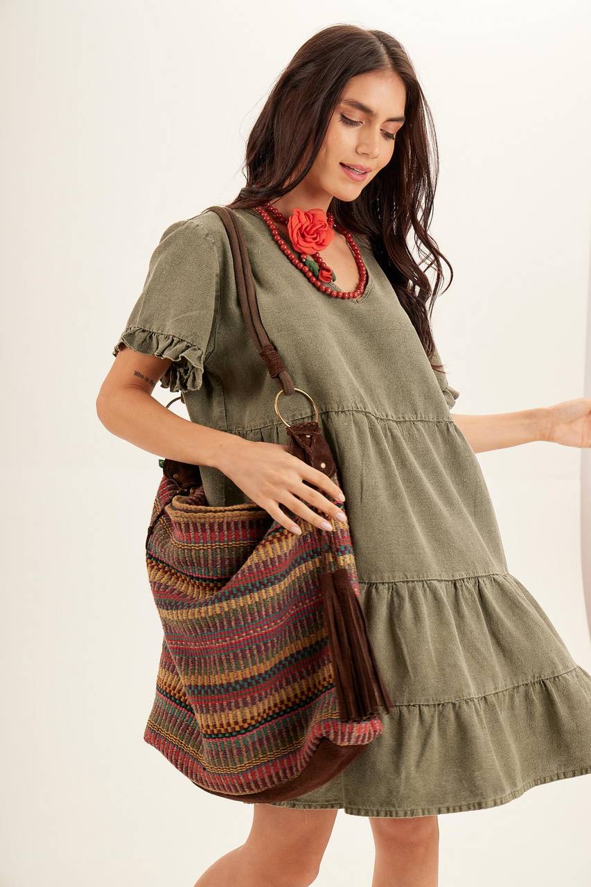 Yacamim Stone Washed Moss Green Linen Short Dress