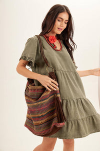 Yacamim Stone Washed Moss Green Linen Short Dress