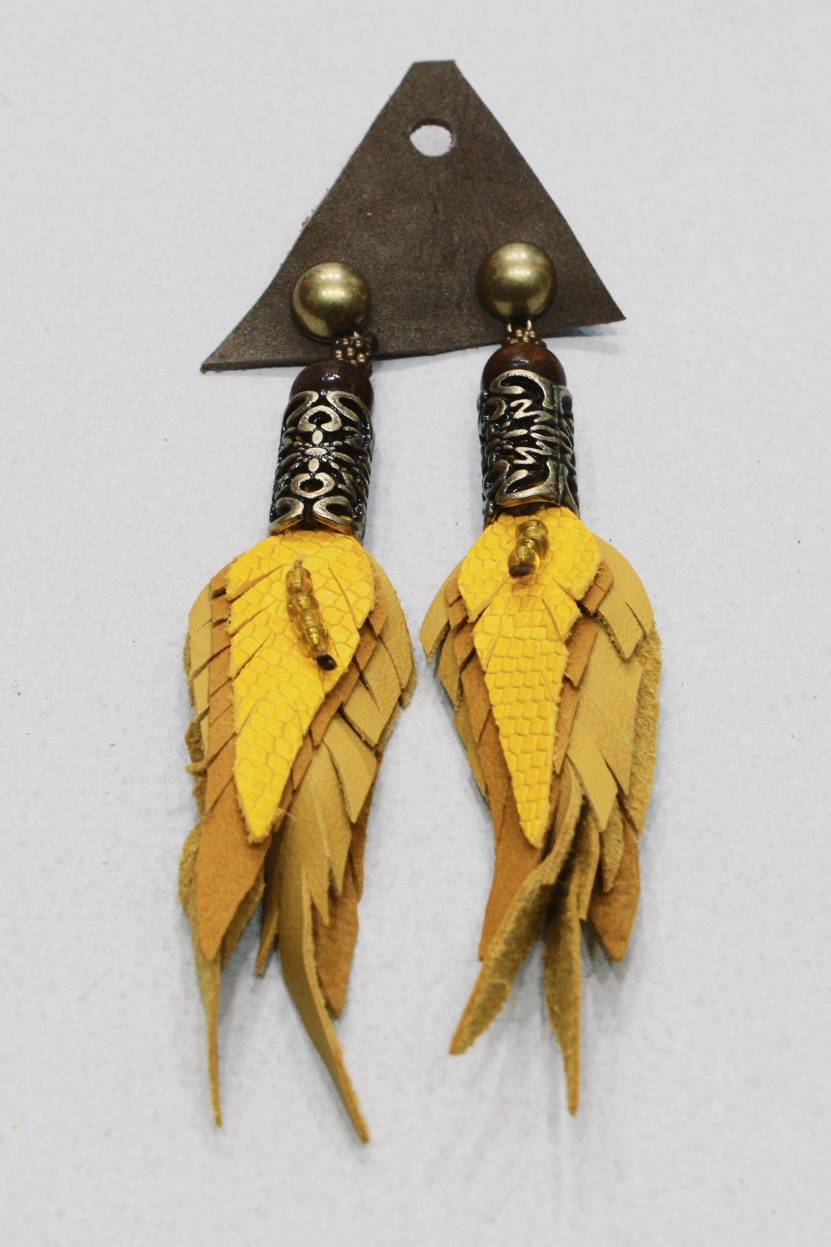 Yacamim Handmade Yellow Leather Earring with Crafted Metal #648