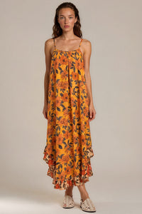 Vestido Midi De Alças Reguláveis Laranja Floral Patchwork Yacamim E7