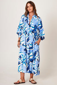 Yacamim P9 Blue Tropical Print Loose Midi Shirtdress