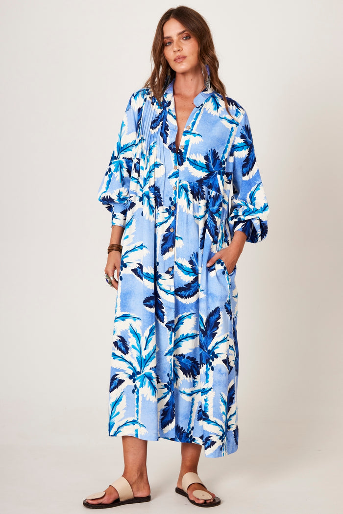 Yacamim P9 Blue Tropical Print Loose Midi Shirtdress