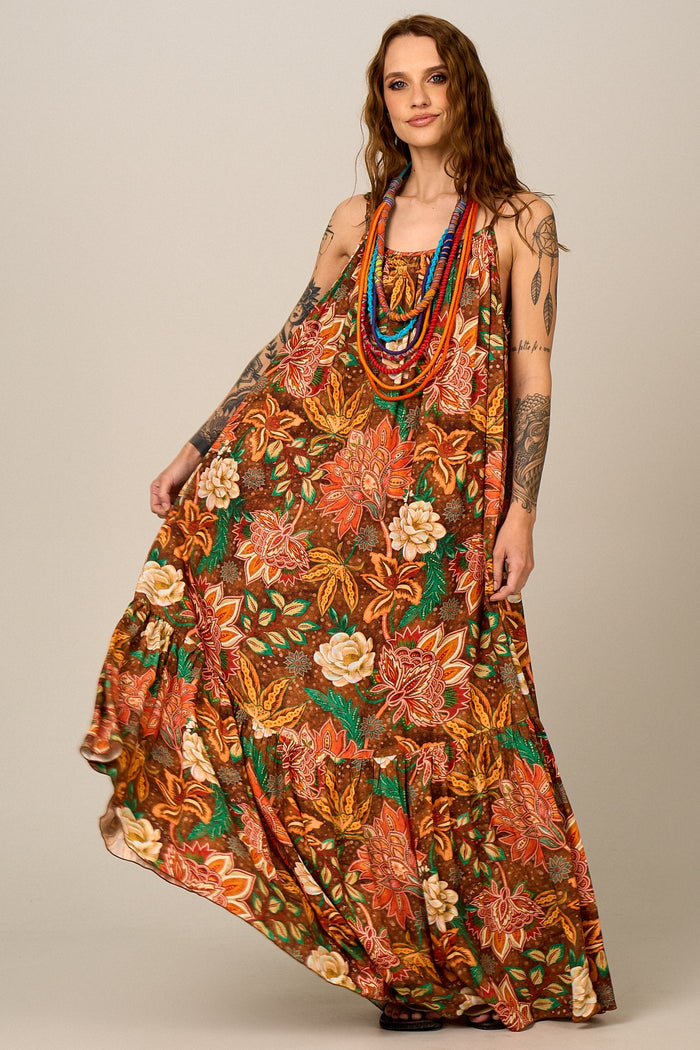 Yacamim E26 Brown Floral Long Dress with Adjustable Straps