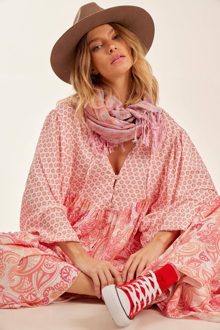 Pink Light Patchwork V-Neck Long Chemise Dress Yacamim