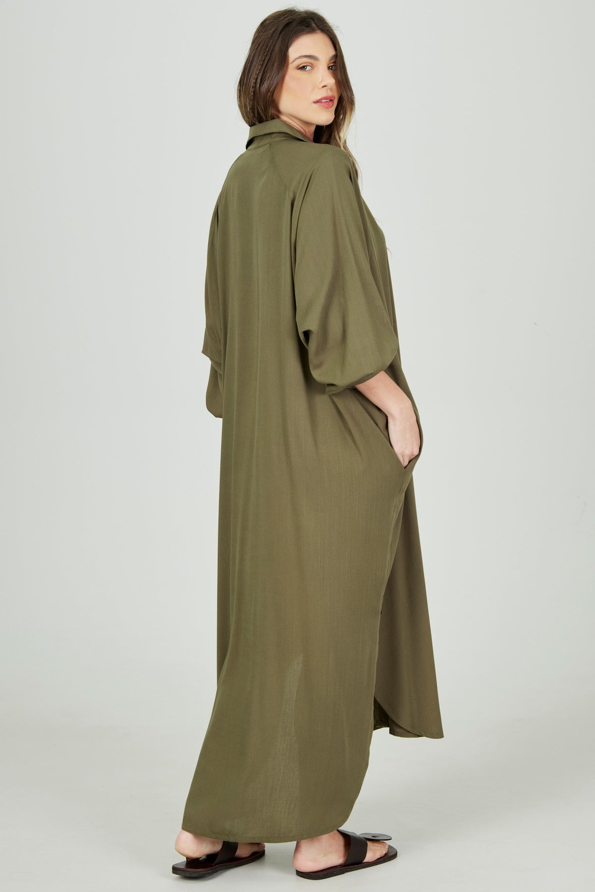 Yacamim Moss Green Loose Long Chemise P2