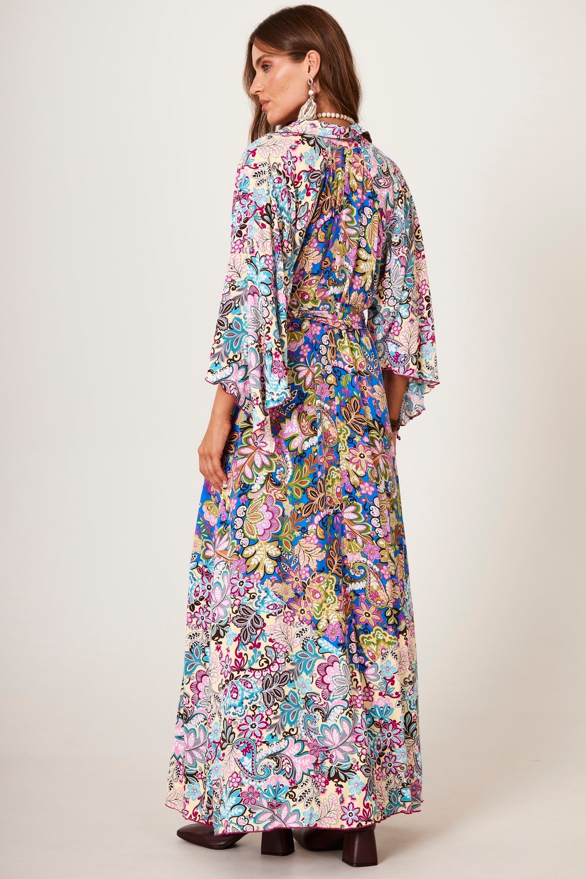 Yacamim D28 Long Blue Patchwork Printed 3/4 Sleeve Dress