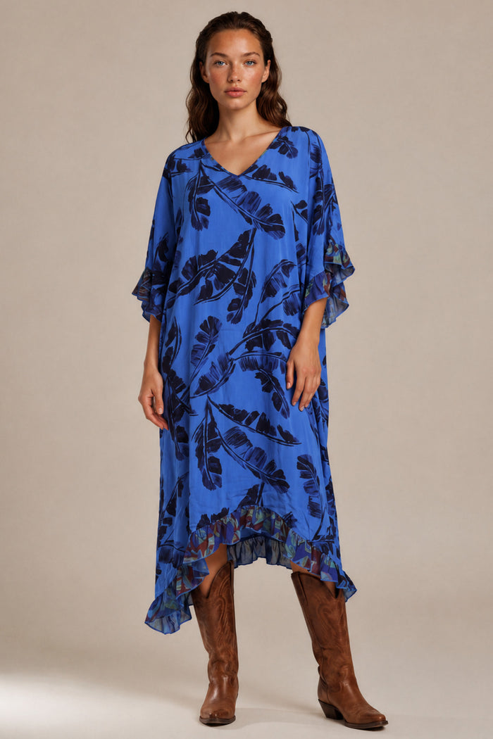 Kaftan Midi Com Babados E Pontas Laterais Azul Patchwork Yacamim J6