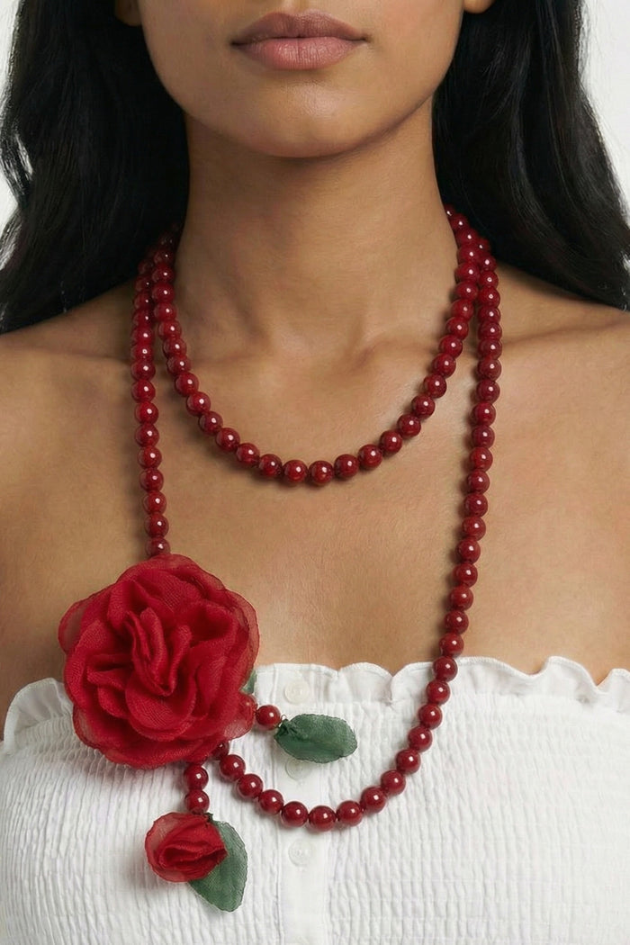 Colar Ave Maria Com Flor Vermelho Yacamim #135