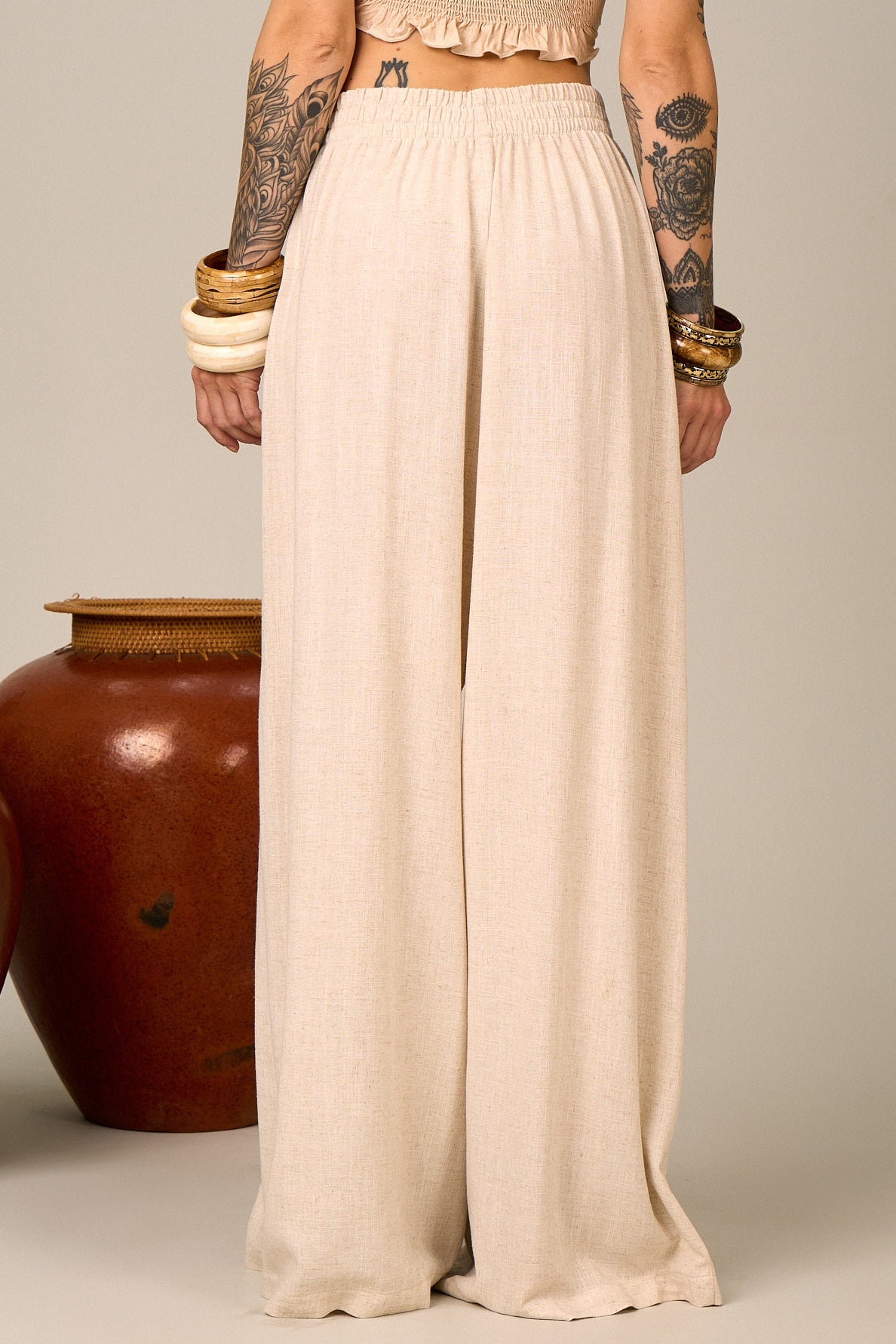 Yacamim H2 Beige Nature Viscose-Linen Wide-Leg Pants
