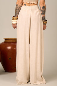 Yacamim H2 Beige Nature Viscose-Linen Wide-Leg Pants