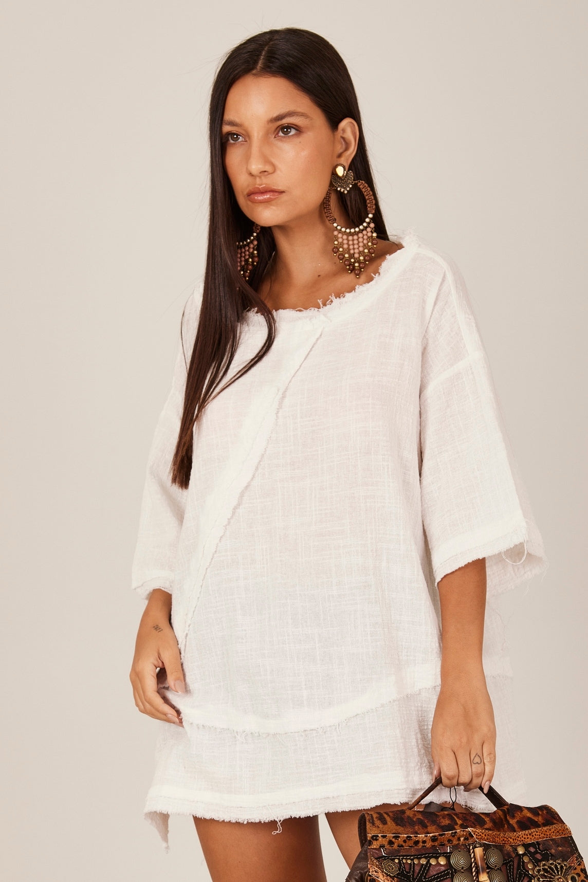 White Yacamim B19 Wide 3/4 Sleeve Blouse