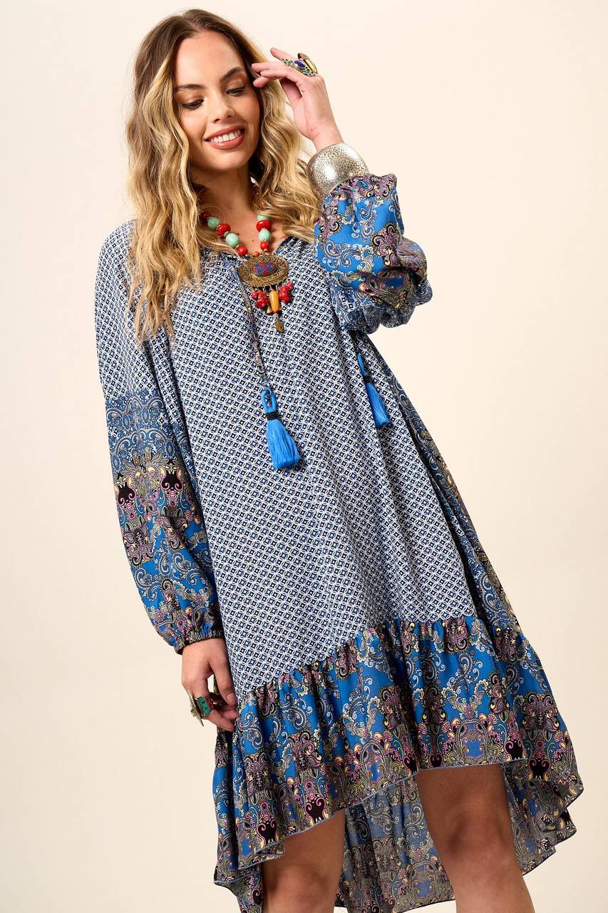 Yacamim Blue Patchwork Short Dress with Puffy Long Sleeves