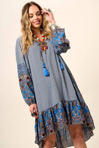 Yacamim Blue Patchwork Short Dress with Puffy Long Sleeves