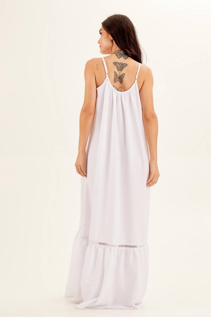 Vestido Longo De Poliéster Com Alças Reguláveis Branco Yacamim D13 Liso